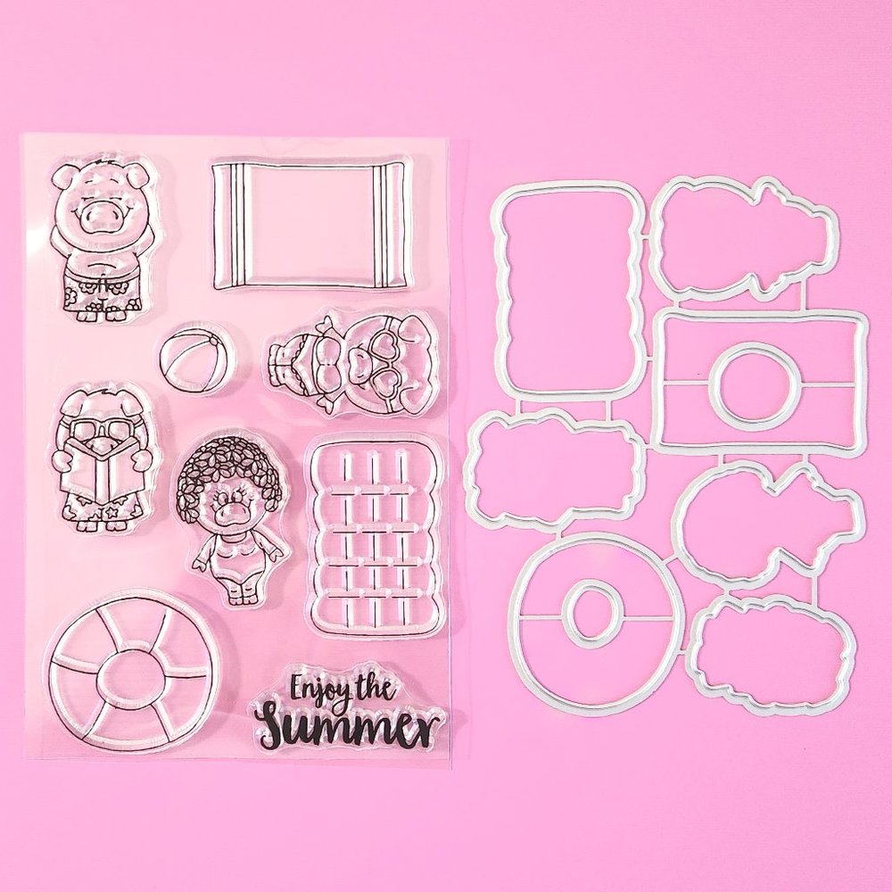 #102 STAMP & DIE SET: PIG, FLOAT, BALL, SWIMMING, SUNBATHER, SUMMER, RELAXING
